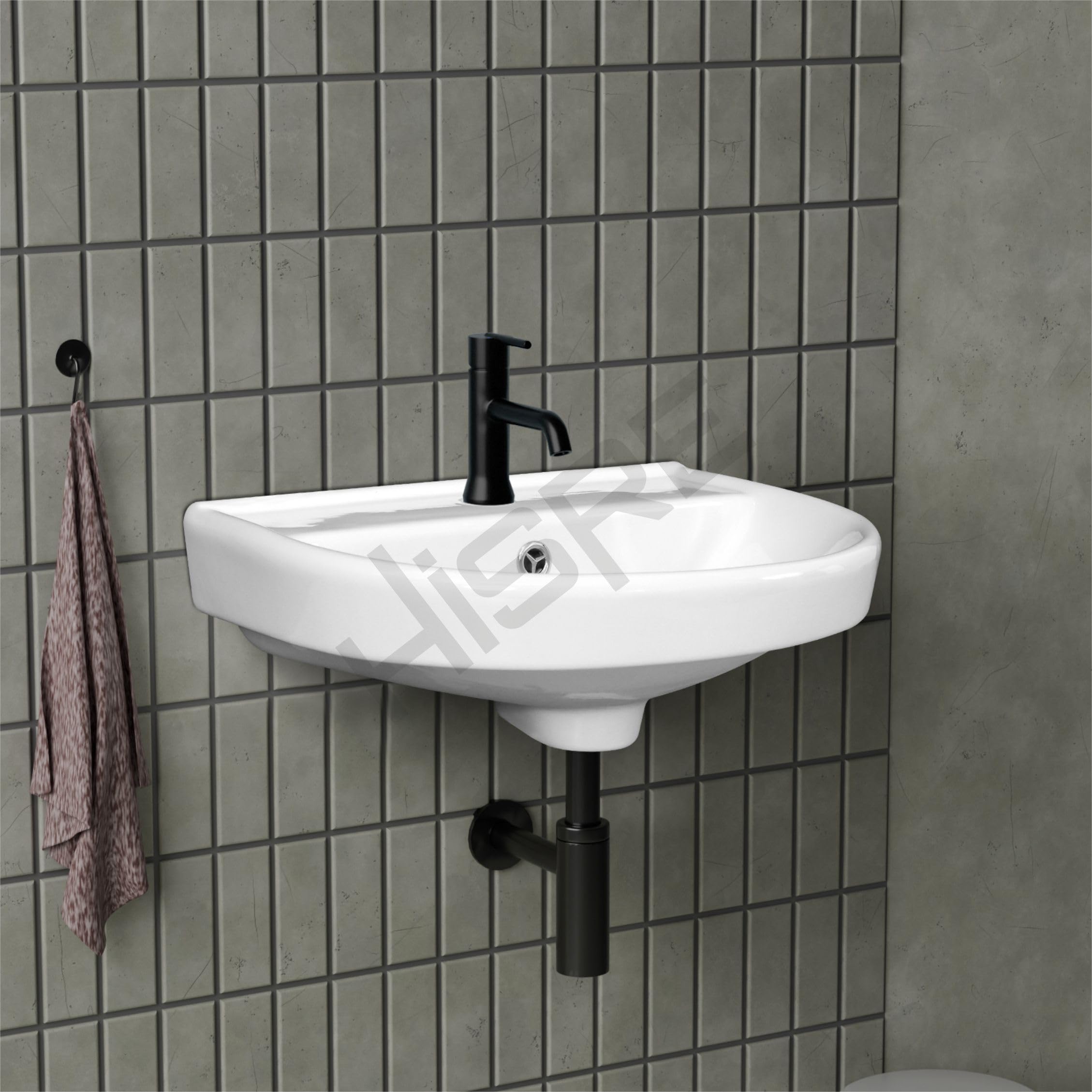 HISRE Wall Mount Wash Basin 18"x14"x6" | Glossy White Ceramic Sink | Modern Rectangular Bathroom Basin for Home, Office and Hotels, photo 3 of 5