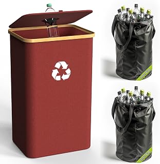 Recycling Bin for Kitchen Indoor Home, Large 100L/ 26 Gallon Recycle Bin with Lid Removeable Reusable Inner Bag Bottle Can Glass Waste Plastice Stickers (Red, 26 Gallon)