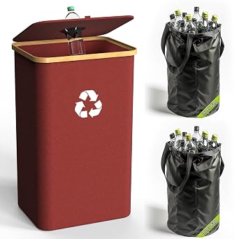 Recycling Bin for Kitchen Indoor Home, Large 100L/ 26 Gallon Recycle Bin with Lid Removeable Reusable Inner Bag Bottle Can Glass Waste Plastice Stickers Red, 26 Gallon