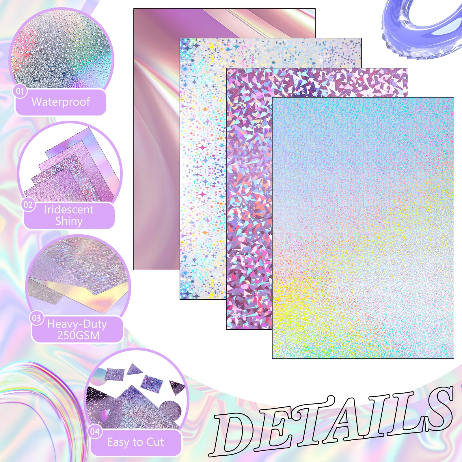 Kosiz 100 hojas de papel holográfico metálico brillante iridiscente espejo hojas de 8.5 x 11 pulgadas, papel de color mixto de 250 g/m², cartulina metálica gruesa para álbumes de recortes, cartas,
