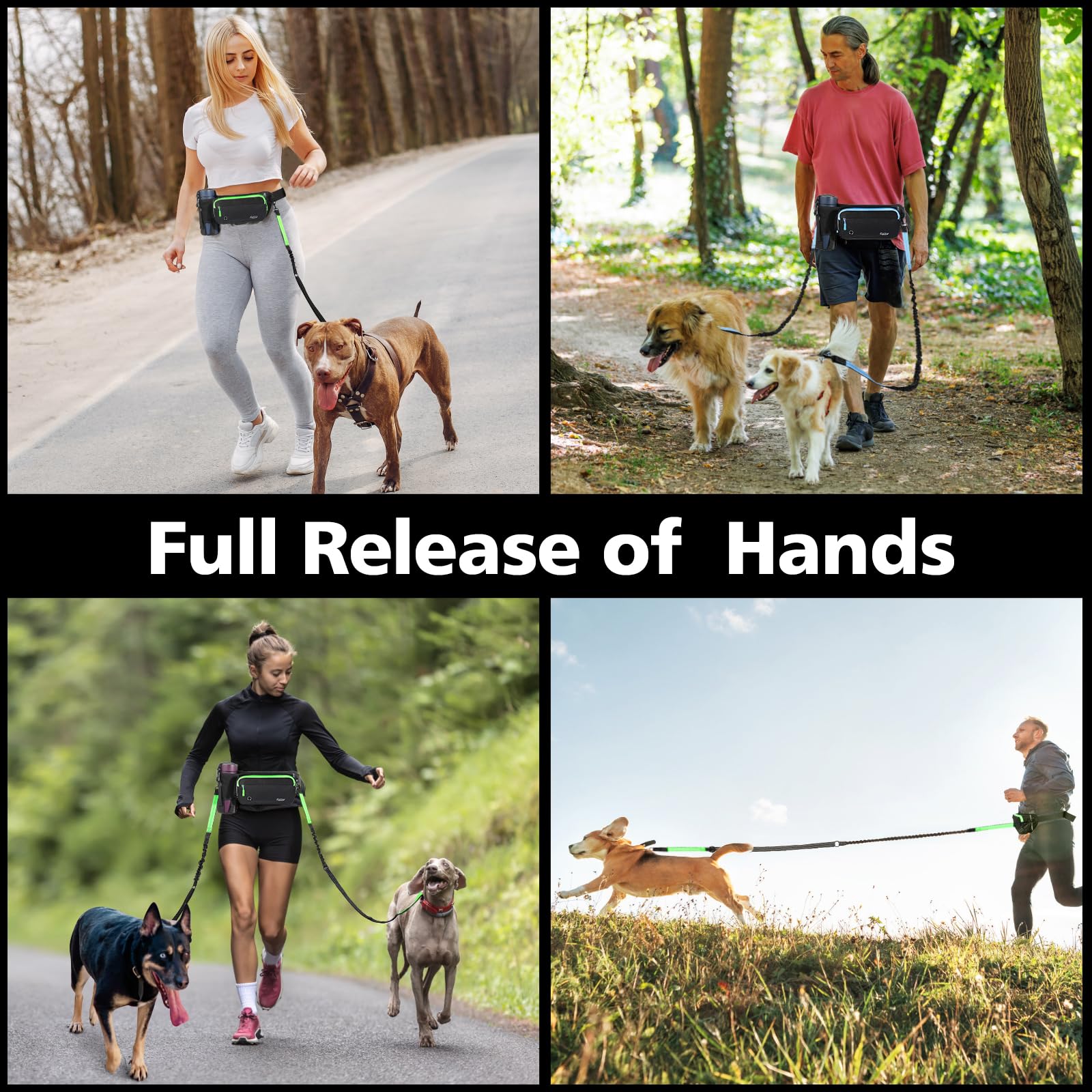 Correa para Perros Manos Libres 2 Perros, Correa de Cintura Ajustable Pasear Perro con Doble Bungees Mango Acolchado, Correa Trotar Amortiguador de Manos Actividades al Aire Libre, Negro+Verde