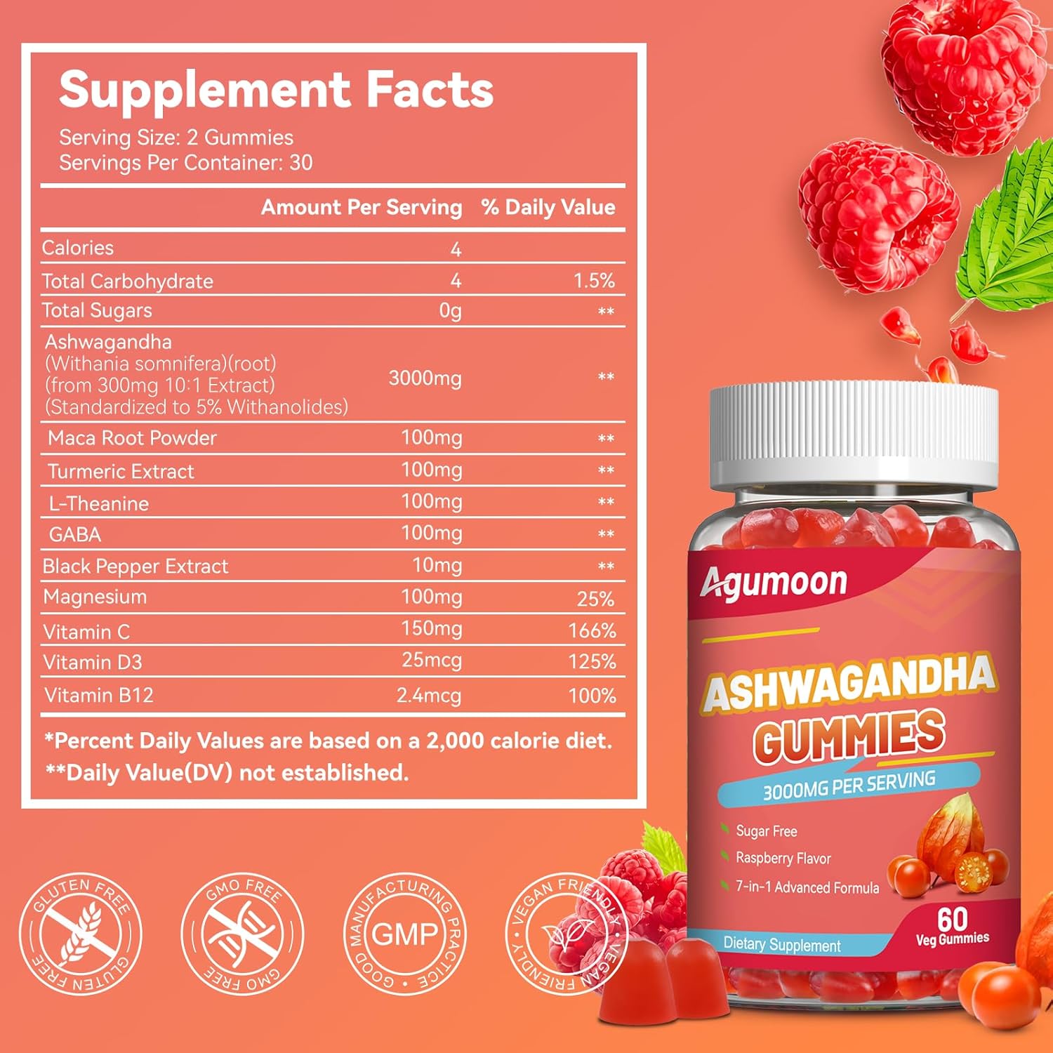2 Pack Ashwagandha Gummies 3000mg for Stress Relief, Calm & Relaxation Support with Magnesium & Vitamin D, Vegan, Gluten-Free, Natural Raspberry Flavor, 120 Count - Image 4