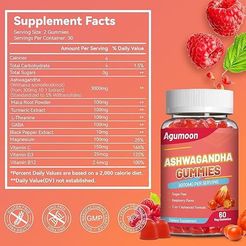 Miniatura 4 de Ashwagandha - Gomitas de 3000 mg para alivio del estrés, calma y relajación con magnesio y vitamina D, veganas, sin gluten, sabor natural a