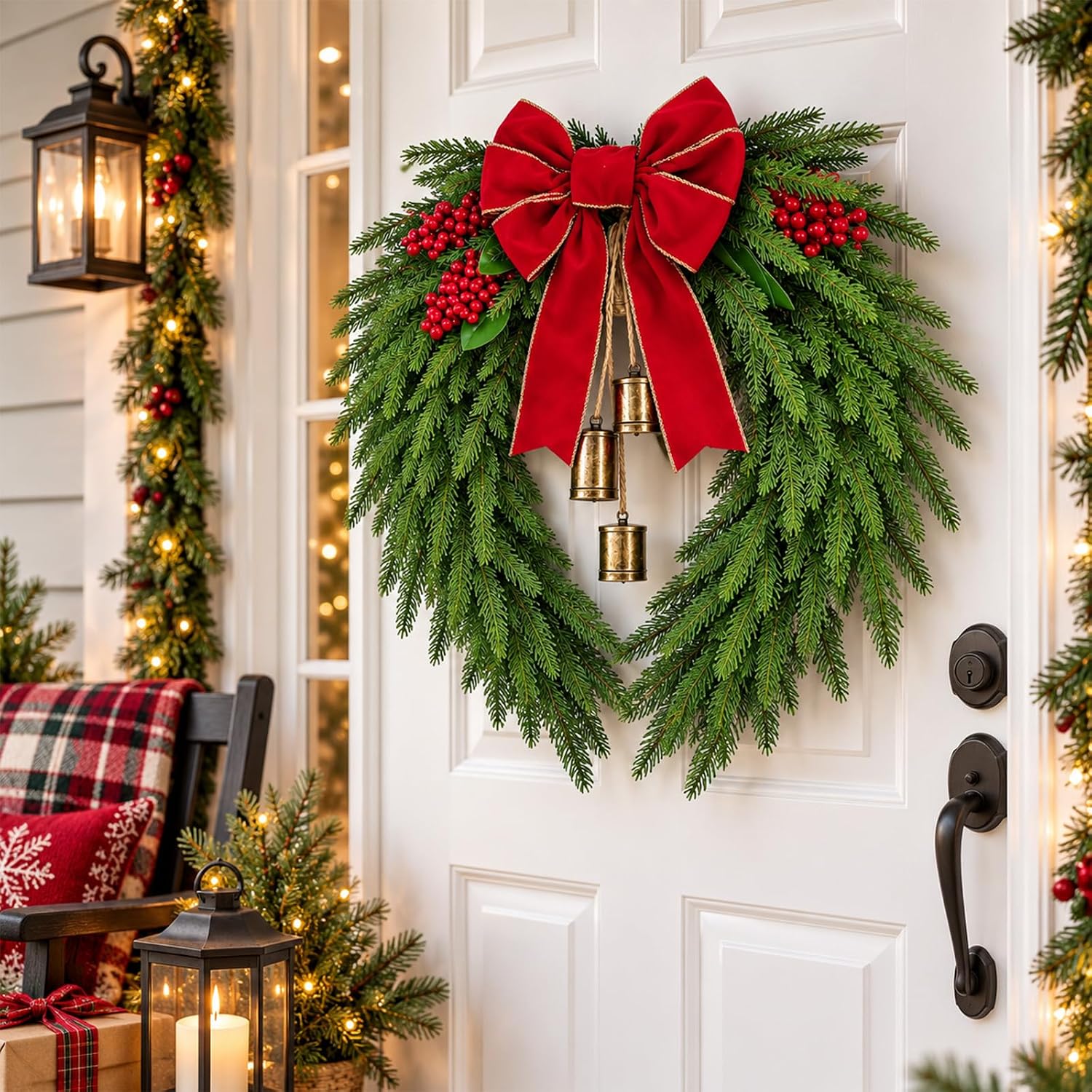 JarThenaAMCS Christmas 24 Inch Large Wreath with Red Velvet Bow Metal Bells Real Touch Norfolk Pine Wreath Faux Greenery Realistic Wreaths for Xmas Front Door Wall Window Mantel Holiday Decor