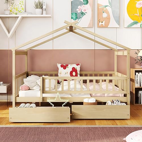 Miniatura 223 de Merax Cama de madera de tamaño individual con dos cajones, marco de cama de madera con techo para niños, adolescentes, niños o niñas, gris