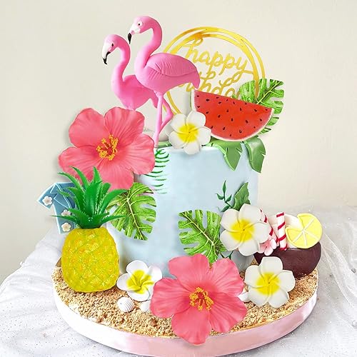 Miniatura 3 de Decoración para tartas de flamenco, decoración para tartas de verano, flores de piña e hibisco, hojas de palmera, decoración para tartas para playa