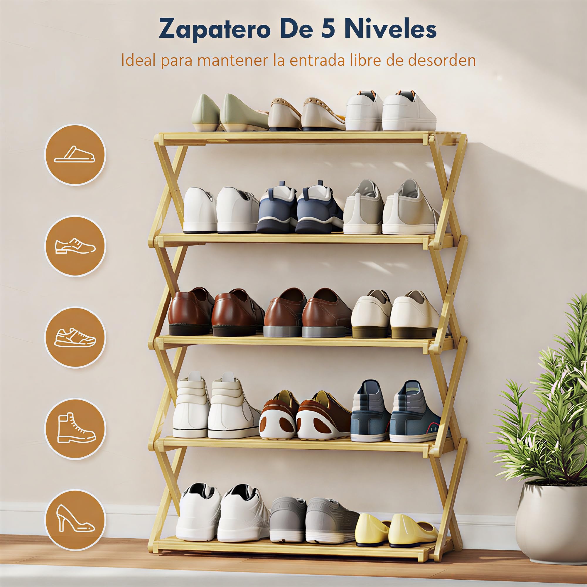 HOMCOM Zapatero Estrecho de Bambú, 5 Niveles, Sin Instalación, Natural | Zapatero Vertical Plegable, Estantería para Zapatos, Entrada, Pasillo, Dormitorio