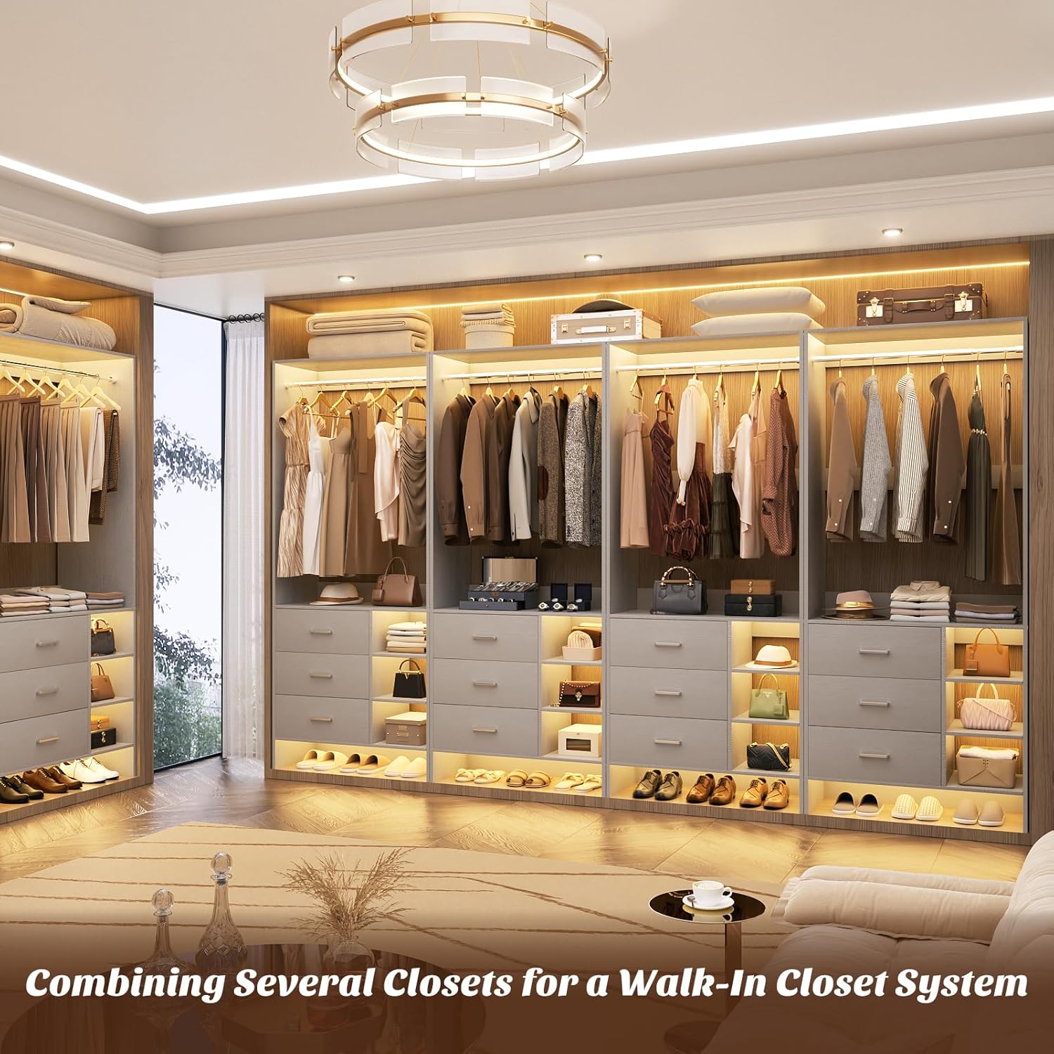 Image showing multiple Aheaplus closet units combined to form a larger walk-in closet system