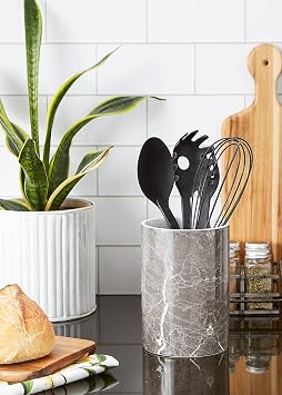 DII Kitchen Ceramic Utensil Holder, Black Marble Pattern