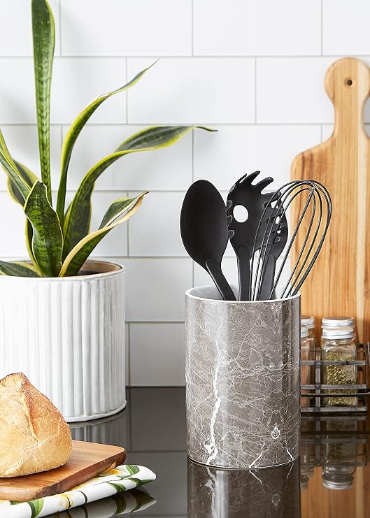 DII Kitchen Ceramic Utensil Holder, Black Marble Pattern