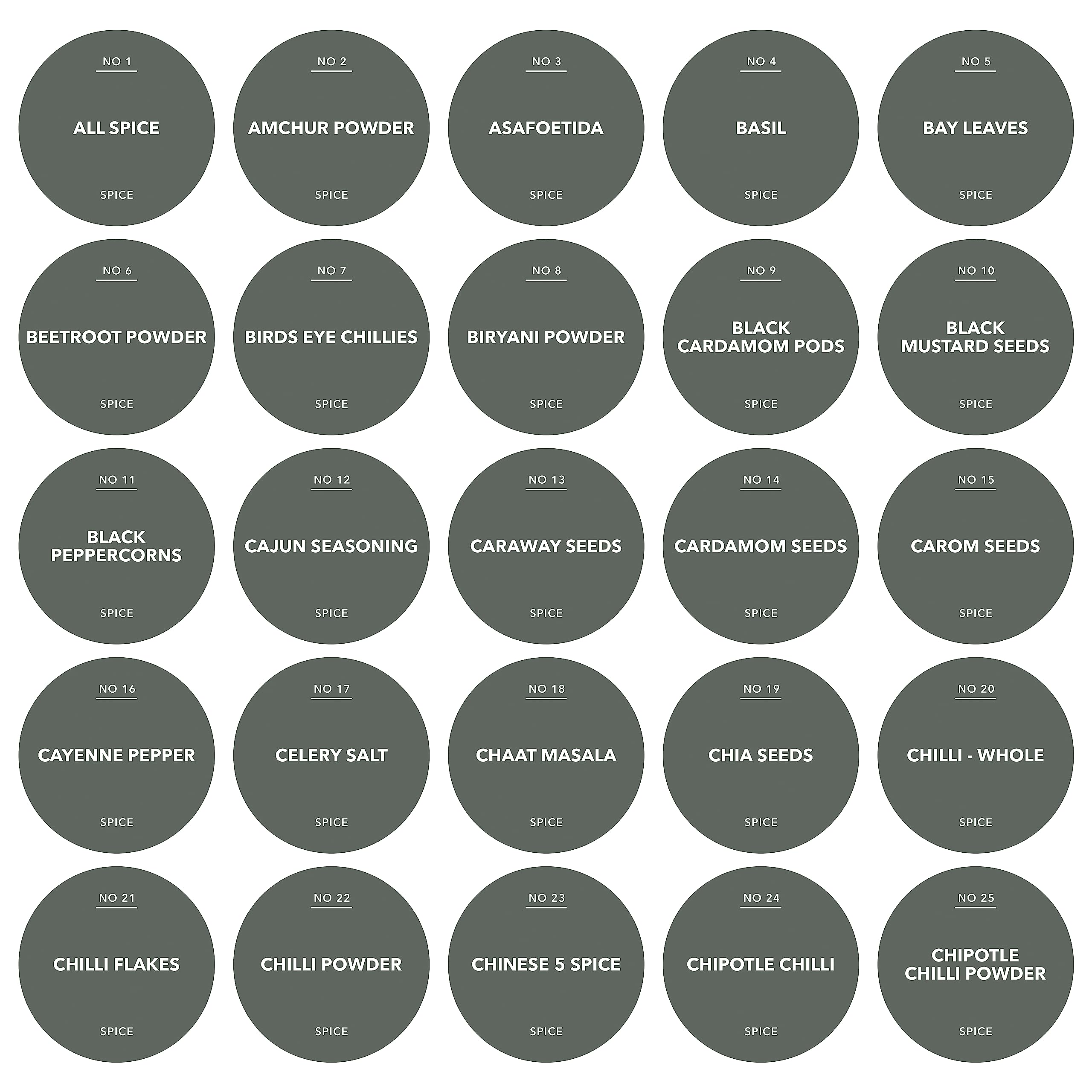 Spice Jar Labels - Water Resistant 37mm Satin Plastic Stickers - Design 1 - Top 100 Herbs & Spices - (Dim Grey Colour Label)
