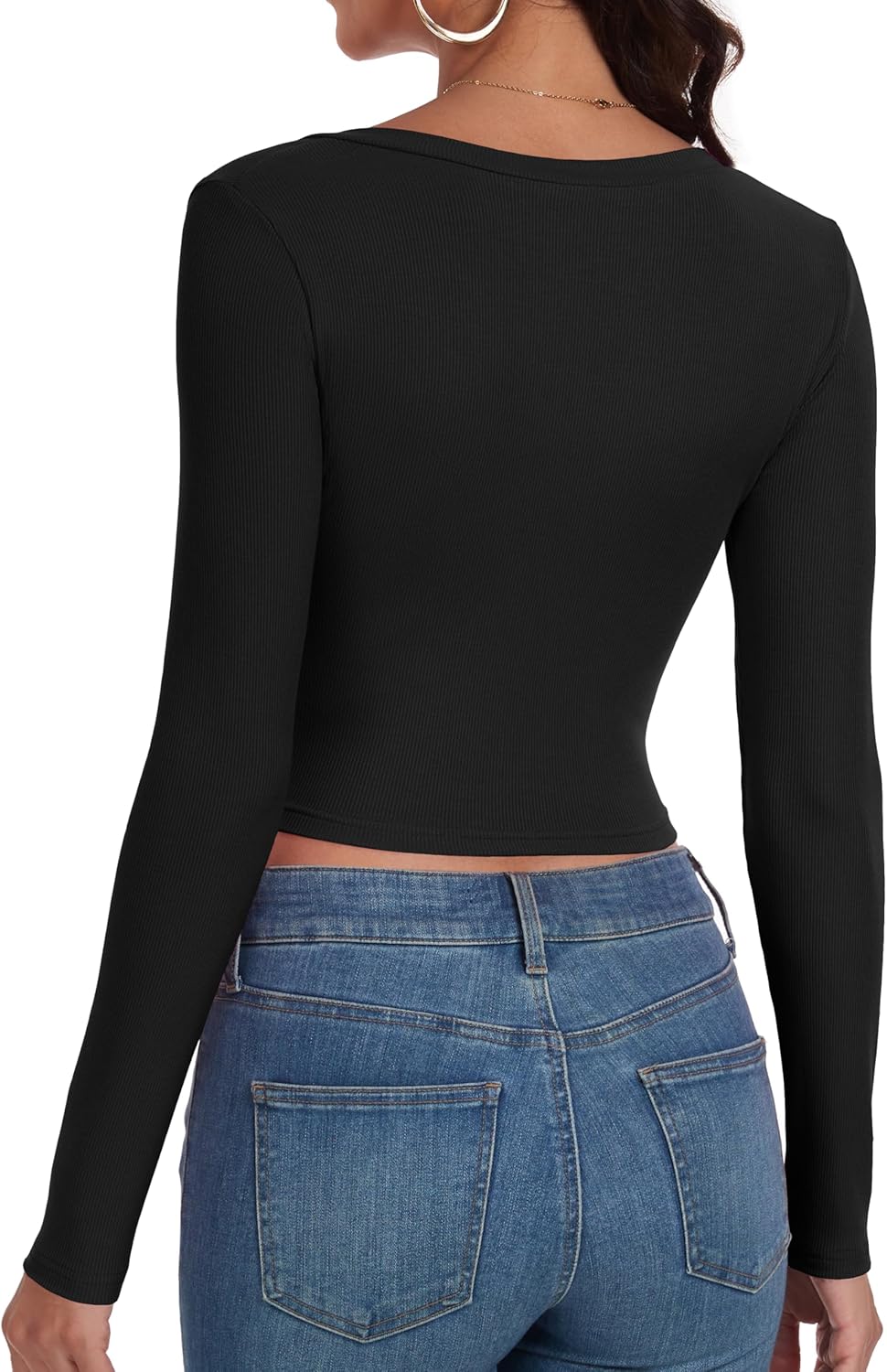 Artfish Women's Long Sleeve V Neck Crop Top Ribbed Knit Slim Fitted Basic T-Shirts - Image 2