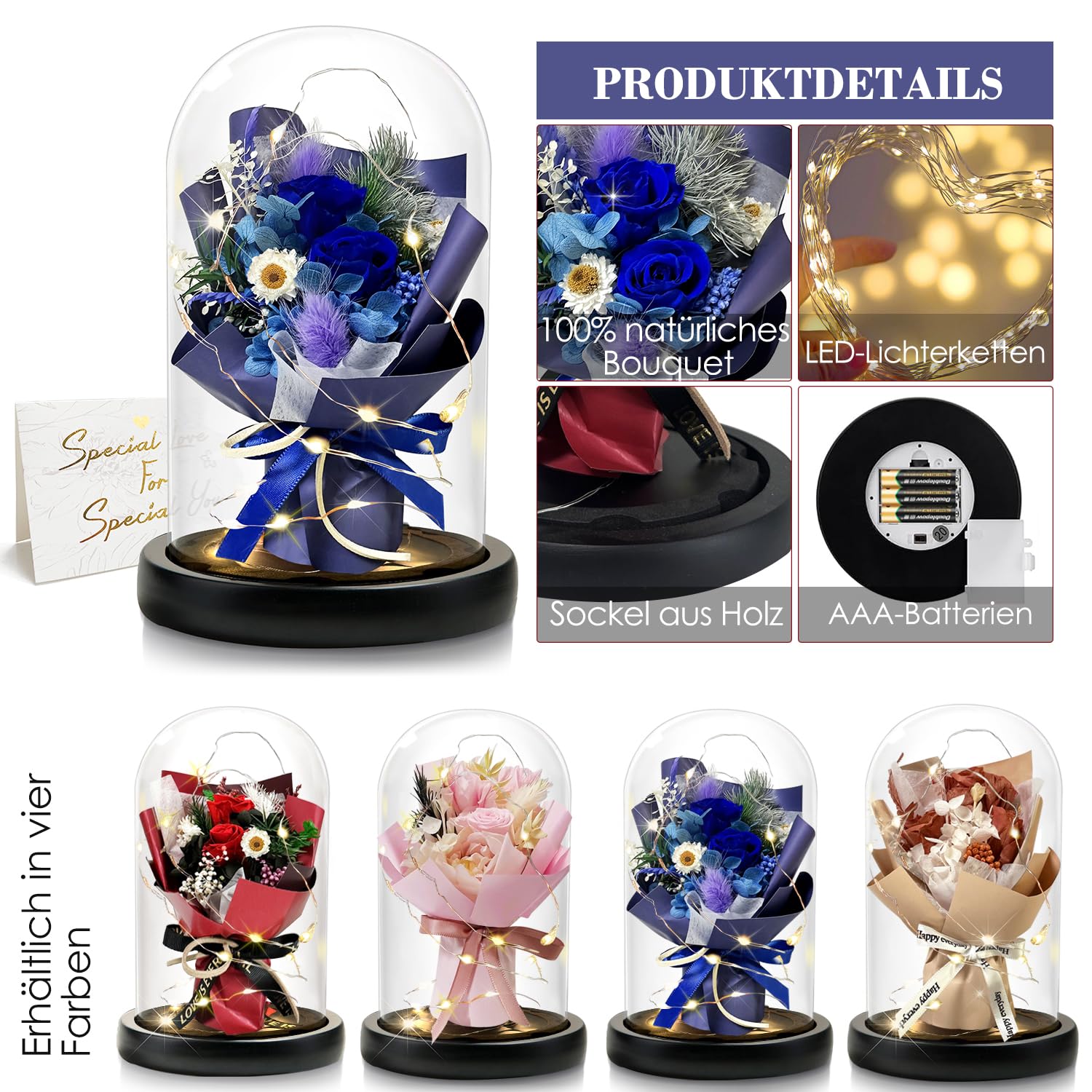 Regalo para mujeres, rosa eterna en cristal con LED, ramo de rosas azules, decoración para el hogar, flores reales duraderas para mamá, novia, esposa, abuela (azul)