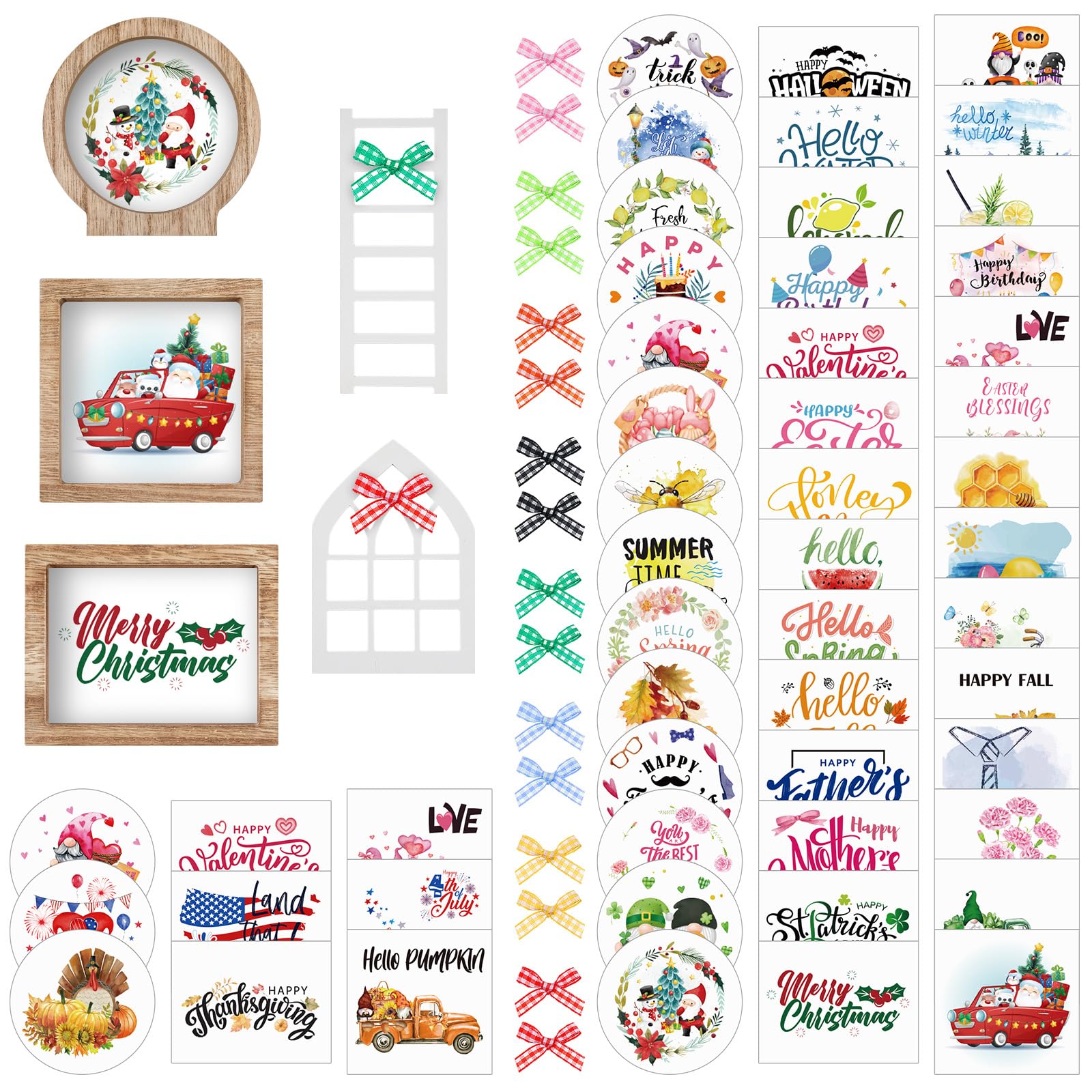 Bencailor 48 Pcs Interchangeable Seasonal Tiered Tray Decor Set Farmhouse Holiday Fall Halloween Tiered Decorations Include Wood Frames with Ladders Cards(Fresh Color,Year Round Seasonal)