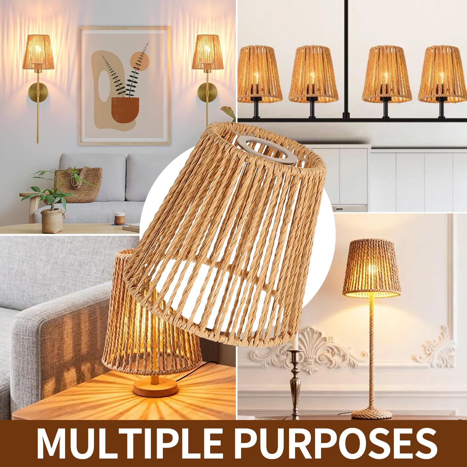 Boho Rattan Lampenschirm, 4 Stück E27 Lampenschirme für Tischlampe Hängelampe Stehlampe Deckenleuchte Papierlampenschirm Papier Ersatzschirm für Stehlampe Deckenlampe 14 x 14 cm