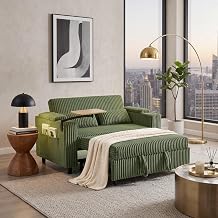LINSY HOME 3-in-1 Pull Out Sofa Bed, 58" Convertible Sleeper Sofa for Living Room, 360 Swivel Table, Storage Armrests, Charging Station, Cup Holders, 2 Pillows, Corduroy Loveseat Futon Couch, Green