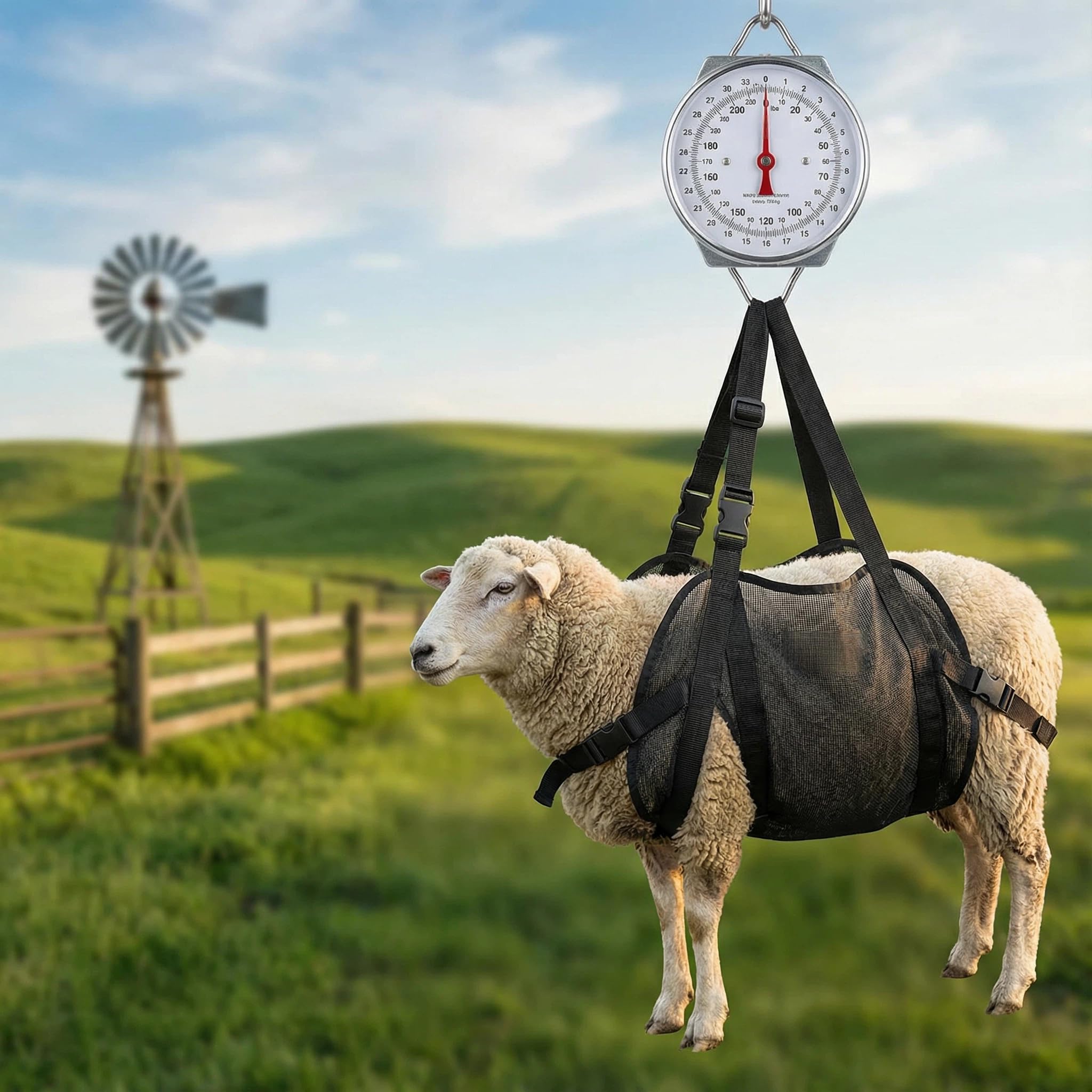 Balance mécanique suspendue de 200 kg avec sangle de mollet | Kit de pesée des animaux 2 en 1 pour veaux, chèvres, moutons, chiens | Cadran à ressort robuste et facile à lire pour ranch de ferme.