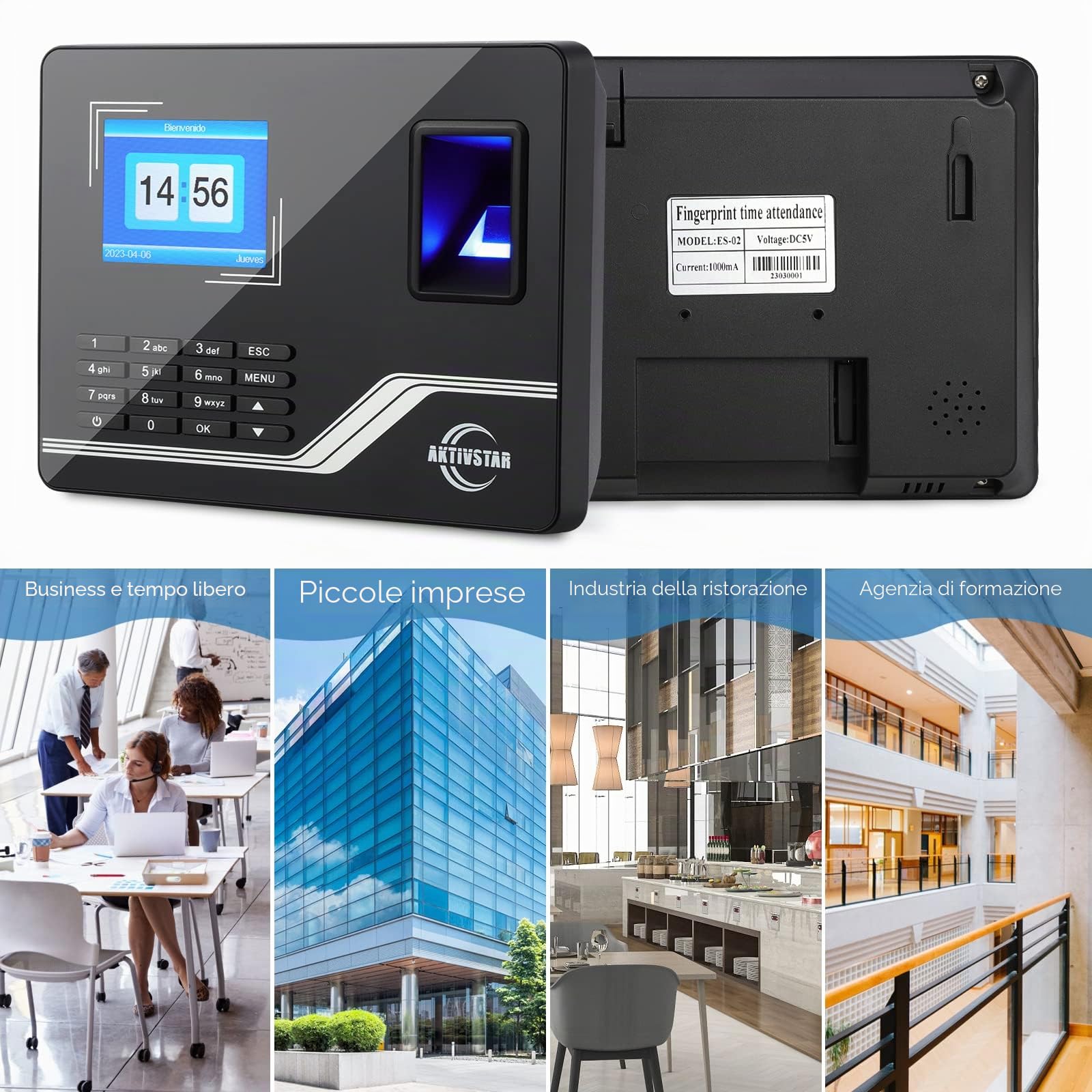 Aktivstar Controllo Orario Dipendenti, Scheda con Schermo, Memoria USB da 8GB, Macchina di Assistenza Biometrica con Capacità di 1000 Impronte Sistema Spagnolo, Senza Connessione Internet