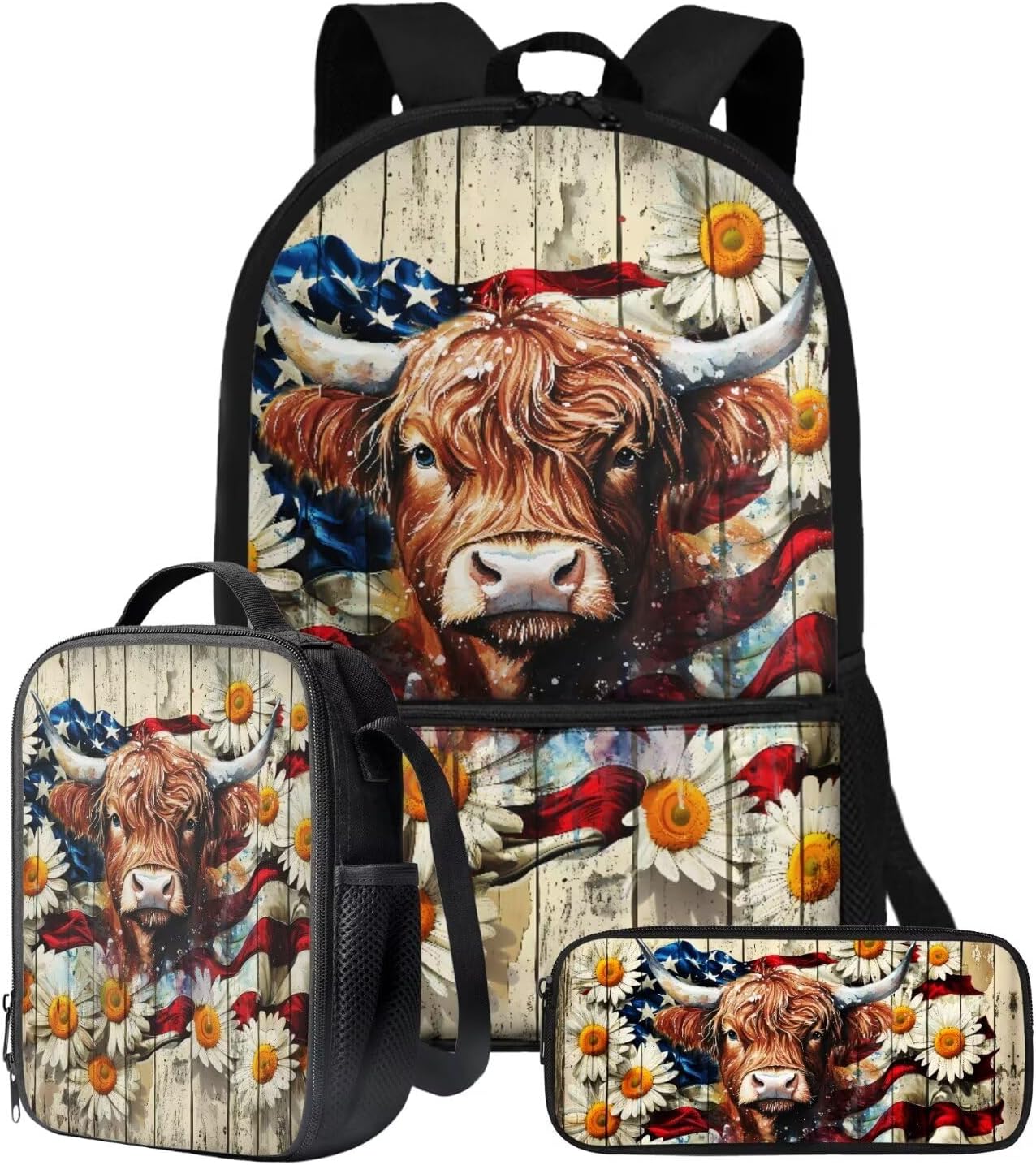 Xoenoiee Black Cat Sunflower Pattern 3Pcs Bookbag+Lunch Box+Pencil Bag for Students 17in Large School Bag Backpack Set for Boys Girls Back To School