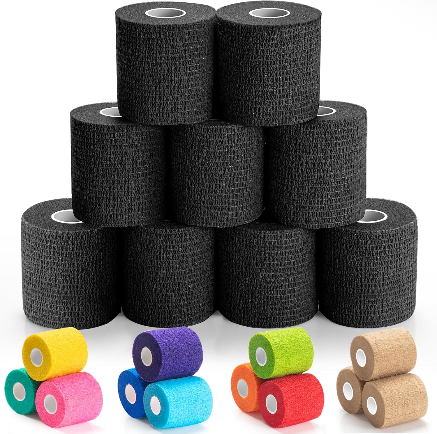 Upgraded 9-Pack Self Adhesive Bandage Wrap – 2 Inches × 5 Yards Elastic Cohesive Bandage Wrap, Self Sticking Vet Wrap, Stretch Sports Athletic Wrap Self-Adhering Adherent Wrist Tape (Black)