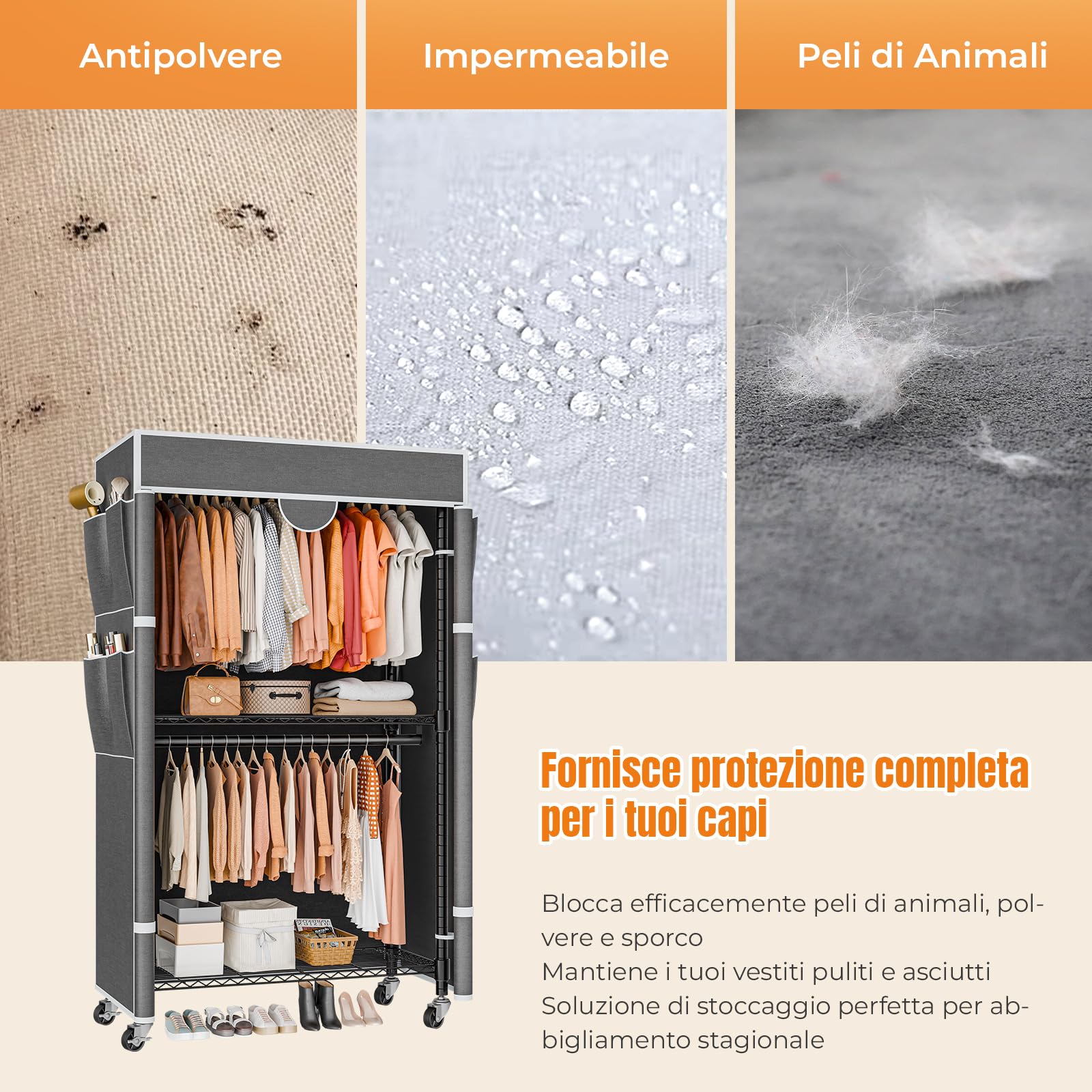 Himimi Appendiabiti su ruote, stabile, doppio appendiabiti con copertura e ripiano regolabile in altezza, armadio aperto in metallo, per camera da letto, 90 x 45 x 205 cm, grigio