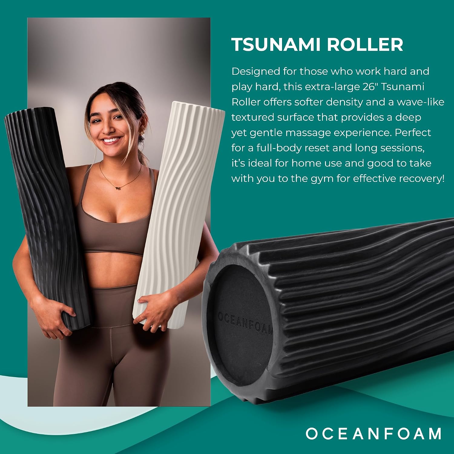 Oceanfoam Tsunami Roller (Black & Charcoal Marbled) - Extra-Large, 26" x 5.9" - Soft, Textured Foam Roller for Physical Therapy, Back Pain, Exercise & Stretching - Yoga, Athletics, & Wellness