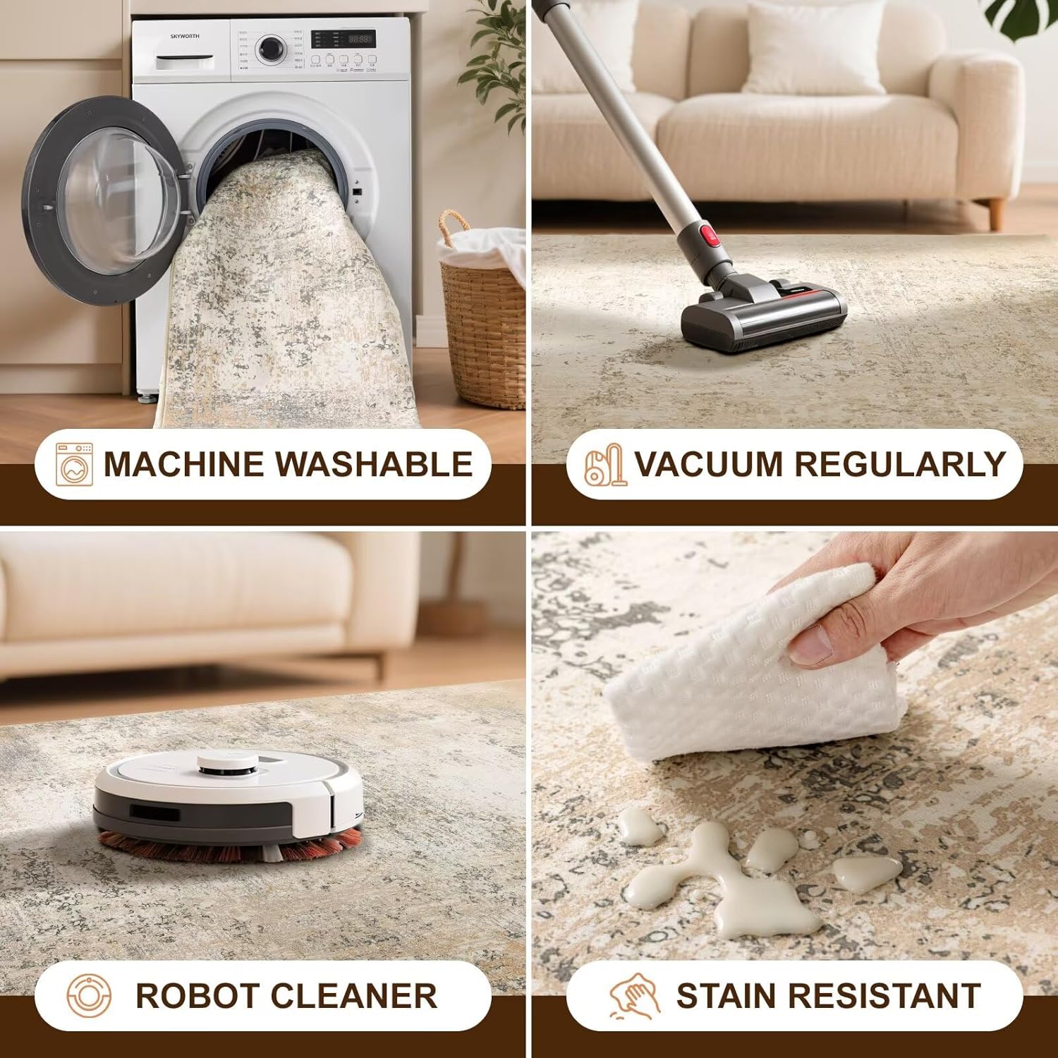 Rwlvpe Washable Rug 8x10 Area Rugs for Living Room,Non Slip Stain Resistance,Modern Abstract Rug for Bedroom, Durable & Ultra-Thin Vintage Large Area Rug(Beige, 8'x10')