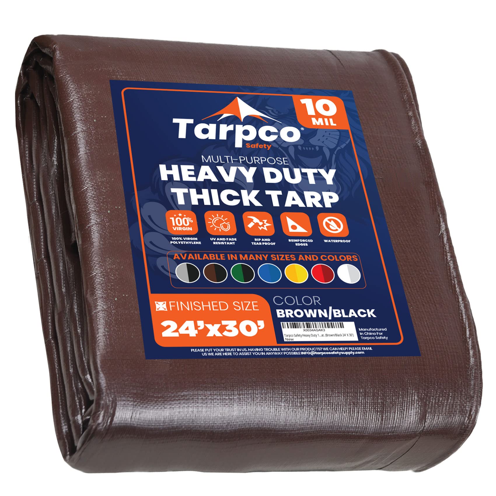 Heavy Duty 10 Mil Tarp Cover, Waterproof, UV Resistant, Rip and Tear Proof, Poly Tarpaulin with Reinforced Edges for Camping, Roof, Patio, Pool, Boat. (Brown/Black 24′ X 30′)