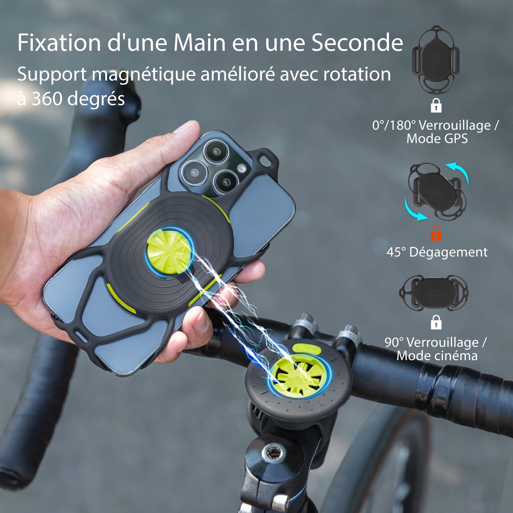 Bone Bike Tie Connect Kit 2 Magnetic – Support Smartphone Universel pour vélo, Fixation magnétique, Rotation 360° et libération Rapide, Compatible téléphones 4,7–7,2"