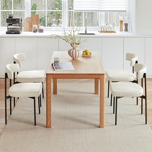 Miniatura 3 de Juego de 4 sillas de comedor de piel sintética beige, silla de cocina tapizada sin brazos, moderna silla de comedor con respaldo curvado Cuero