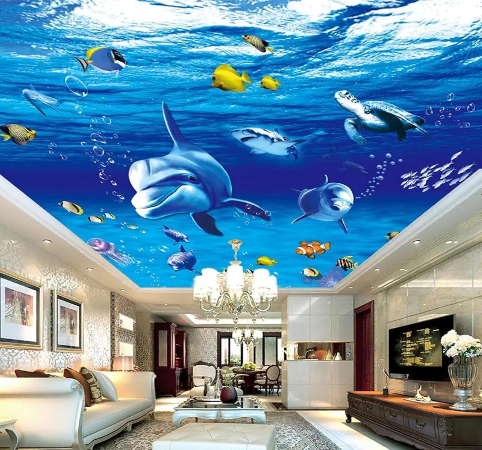 Xlming 350Cm×256Cm(B×H) Cartoon Blue Underwater World Dolphins School Of Fish 3D Wallpaper Luxury Home Dining Decor Paste Sofa Living Room The Wall For Bedroom Mural-350Cm×256Cm