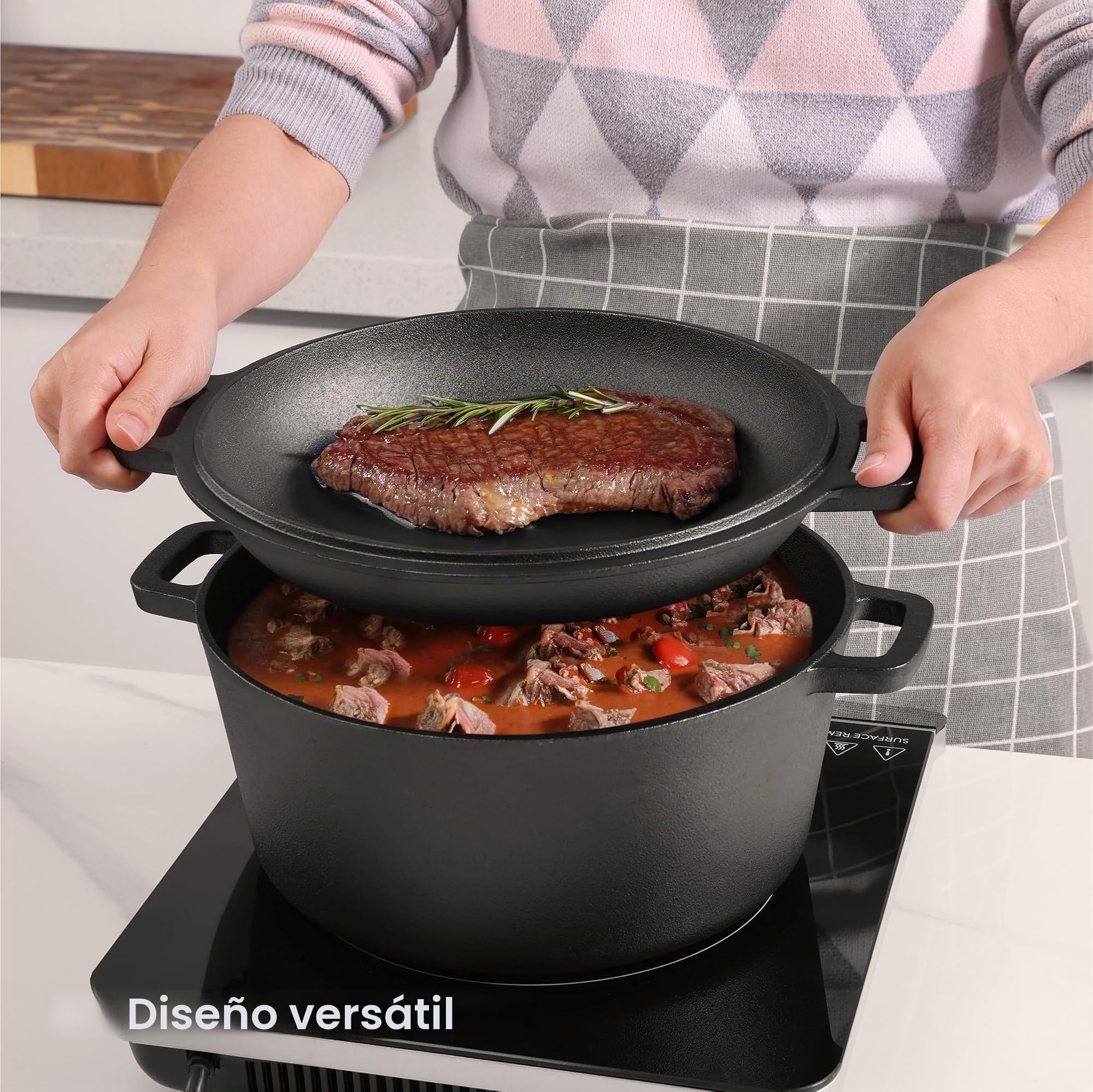 Navaris Sarten hierro fundido con tapa - Sartén holandesa con 2 asas - Apta para cualquier cocina y horno - Sartén sazonada 32 cm de 4,7 l de capacidad - Con manual y recetas
