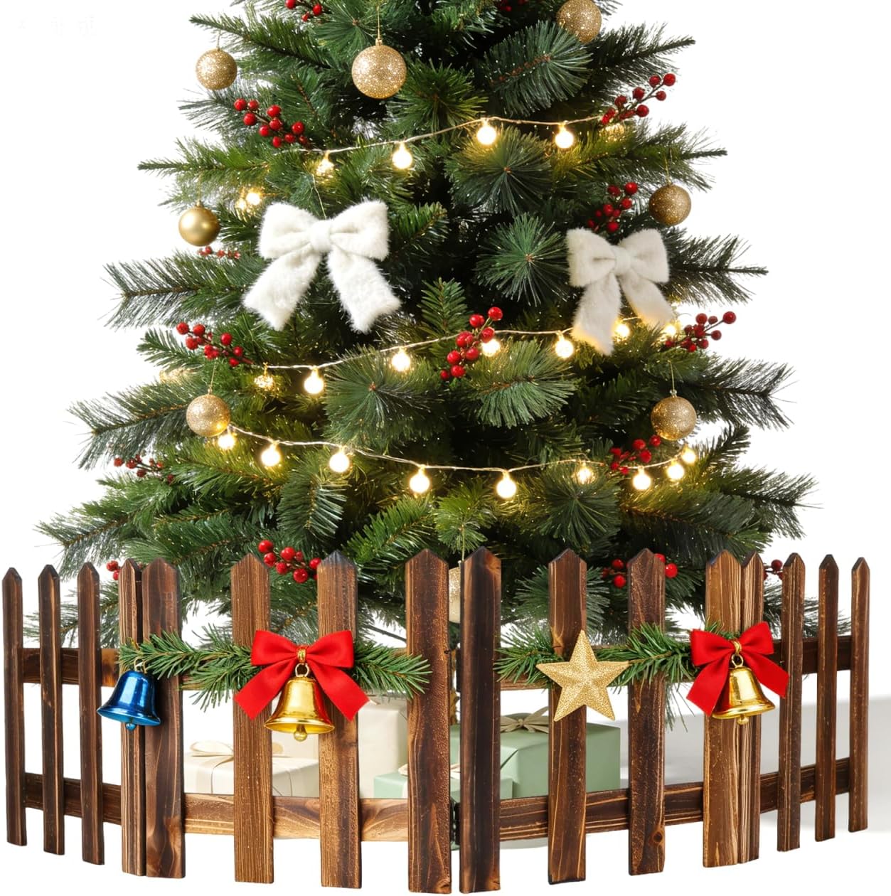 Christmas Tree Fence, Heavy Duty Wooden Christmas Tree Barrier, Thickened Border Decoration Picket, X-Mas Fence Border for Pets Dog Cat Toddler, Suit for Wedding Birthday Party (Brown)