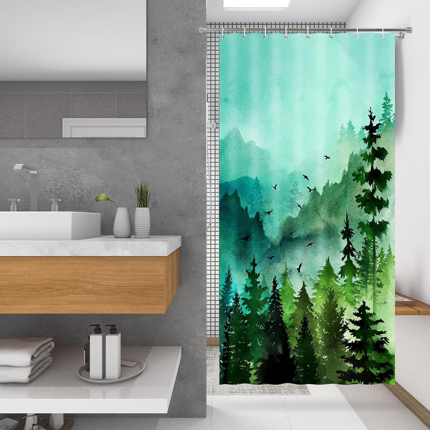 84 Inch Long Green Misty Forest Shower Curtain for Bathroom, Nature Woodland Shower Curtain Set with Hooks, Decorative Tree Bath Curtain, Waterproof Fabric, Weighted, 72x84