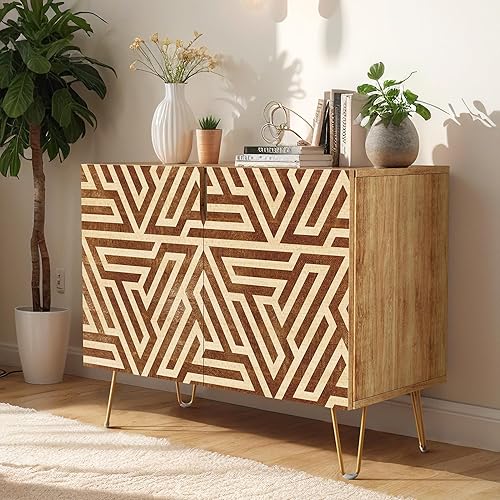 Miniatura 4 de SIGNWIN Aparador de buffet, armario de almacenamiento de cocina con 2 puertas, Mazen de polígono geométrico de mediados de siglo, mesa consola de