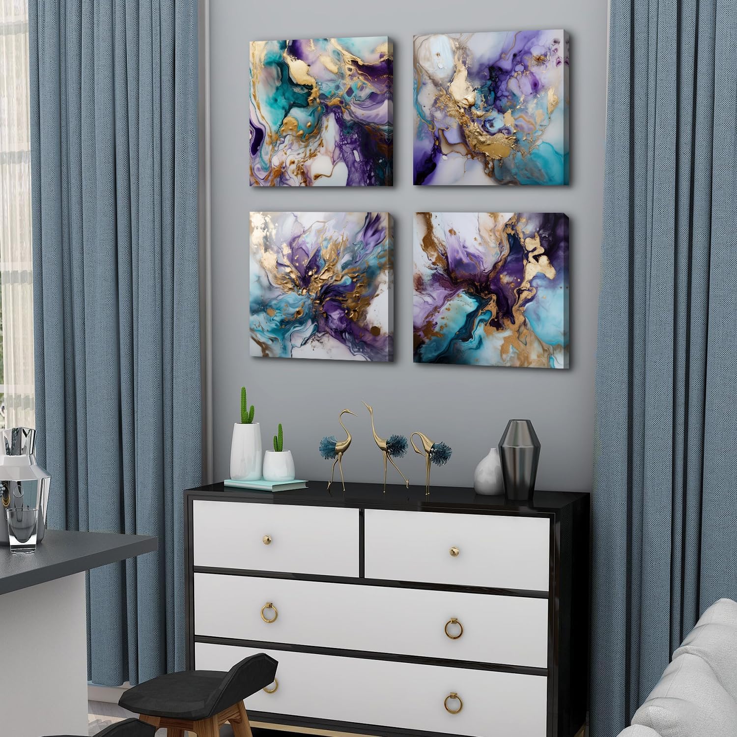 Purple Abstract Wall Art for Living Room Purple and Gold Luxury Wall Decor Watercolor Fluid Texture Pictures Decor Modern Fantasy Minimalist Colorful Artwork for Bedroom Home Decorations 12x12 4Pcs