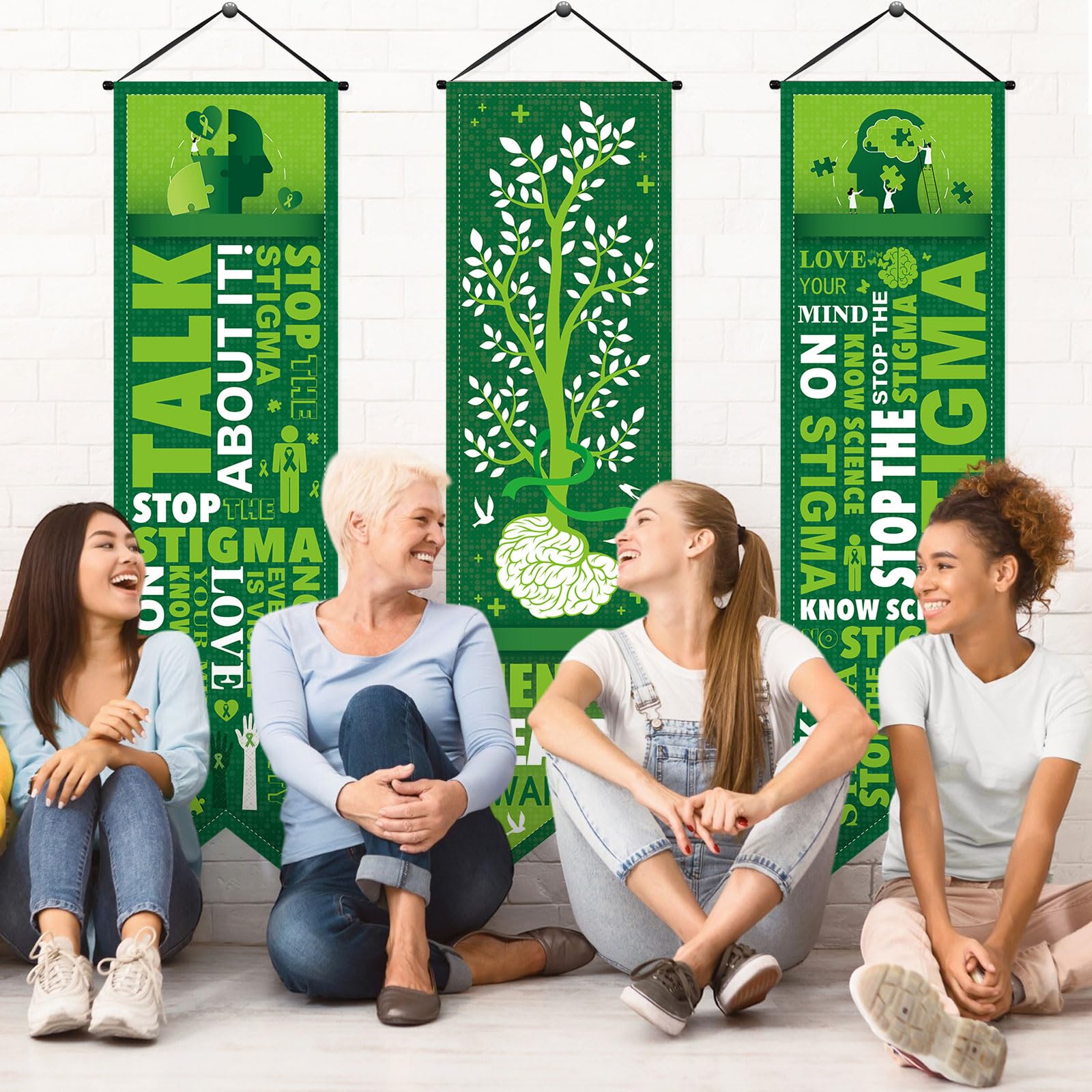Blulu 3 Pcs Mental Health Awareness Banners Motivational Porch Signs 47''x12'' Inspirational Green Ribbon Awareness Banner Decorations for Indoor Outdoor Door Wall Mental Health Month Party Supplies - Image 6