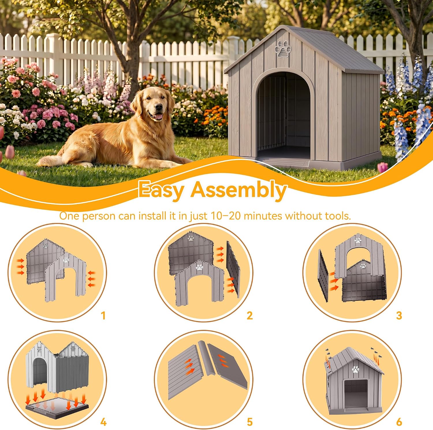Large Dog House Resin Dog House Weatherproof & Sturdy Easy Clean and Assemble for Porch, Backyard and Outdoor Use（Grey,38.62 * 36.26 * 38.07INCH）