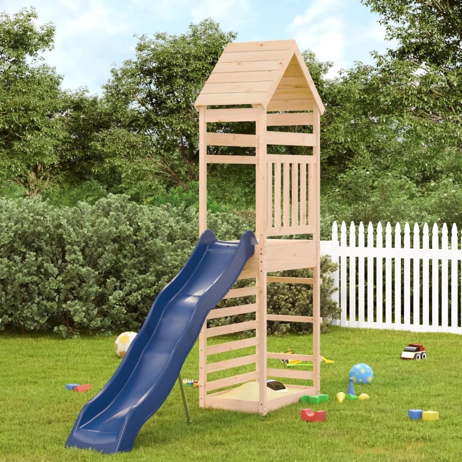 Outdoor Playset, Solid Pine Wood Climber with Wave Slide and Climbing Wall, 110.6 x 103.9 x 21.7 in, for Kids Playground and Backyard