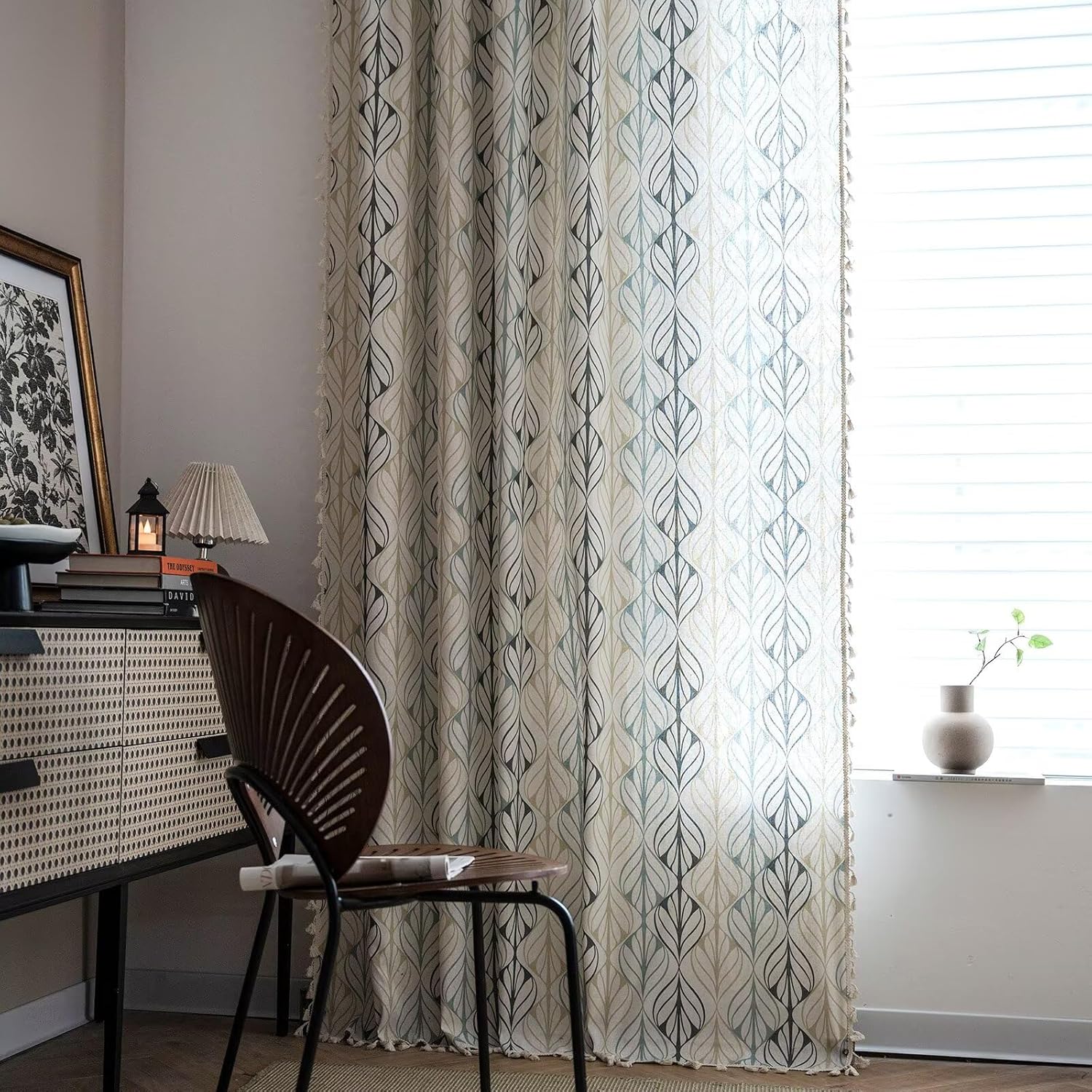 Boho Leaves Curtains 63 Inch Length 2 Panels Set Semi Blackout Light Filtering Rustic Country Farmhouse Window Curtain Panels with Rod Pockets Linen Patterned Tassels Drapes