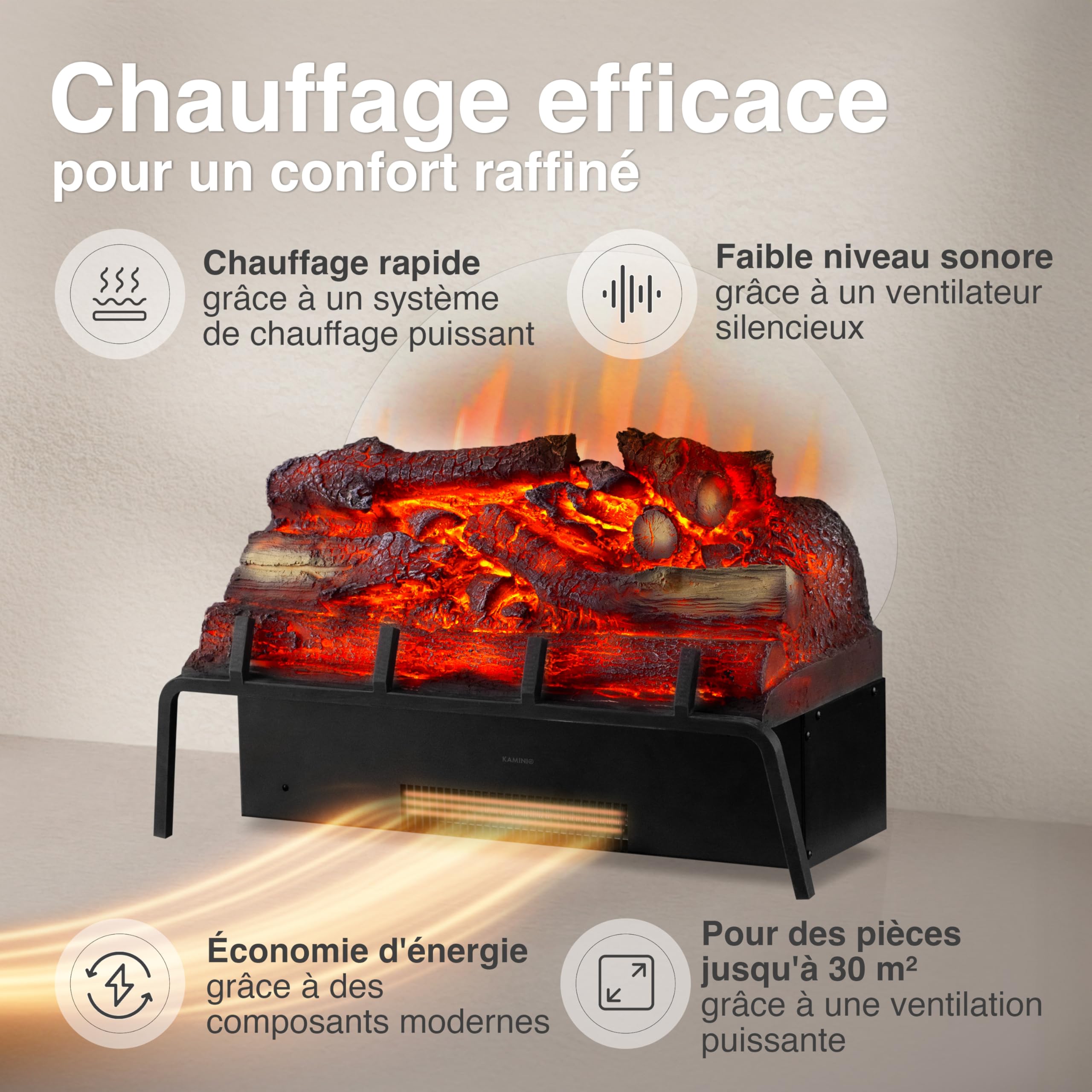 KAMINIO Cheminée électrique Noah - Insert de cheminée électrique avec Chauffage, lumière d' Ambiance LED, télécommande
