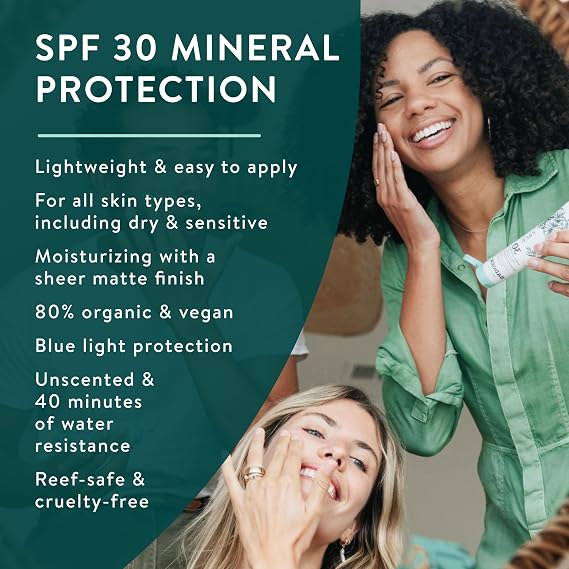 Badger Zinc Oxide Face Sunscreen SPF 30, Lightweight Mineral Sunscreen for Face, Matte Finish, No White Cast, Vegan, Water Resistant, Unscented, Mineral Sunblock Face Lotion, 1.7 fl oz