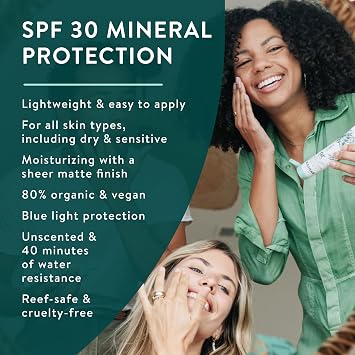 Badger Zinc Oxide Face Sunscreen SPF 30, Lightweight Mineral Sunscreen for Face, Matte Finish, No White Cast, Vegan, Water Resistant, Unscented, Mineral Sunblock Face Lotion, 1.7 fl oz