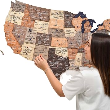 ENJOY THE WOOD Wooden USA Map Visited Places - 3D US States Map Travel Tracker Wooden Map Wall Decor - Mark Your Travels Map Wood Wall Art For Home & Kitchen or Office Prime+, Multicolor, Medium