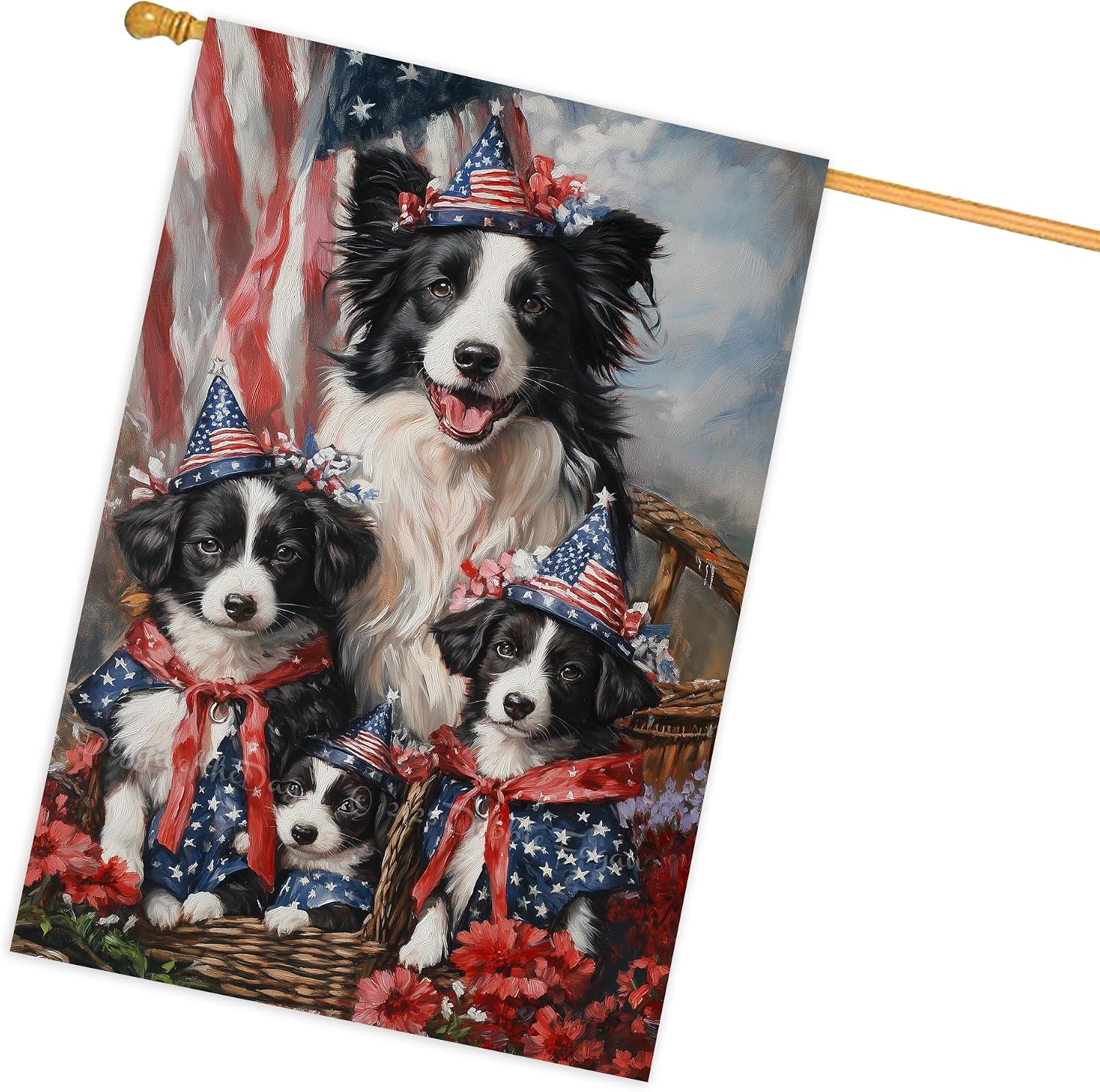 Border Collie Dog 4th of July American Flag House Flag – Personalized Double Sided Patriotic Yard Decor with Cute Dogs Independence Day Outdoor Decoration for Lawn, Garden, Porch or Patio 28"W x 40"H