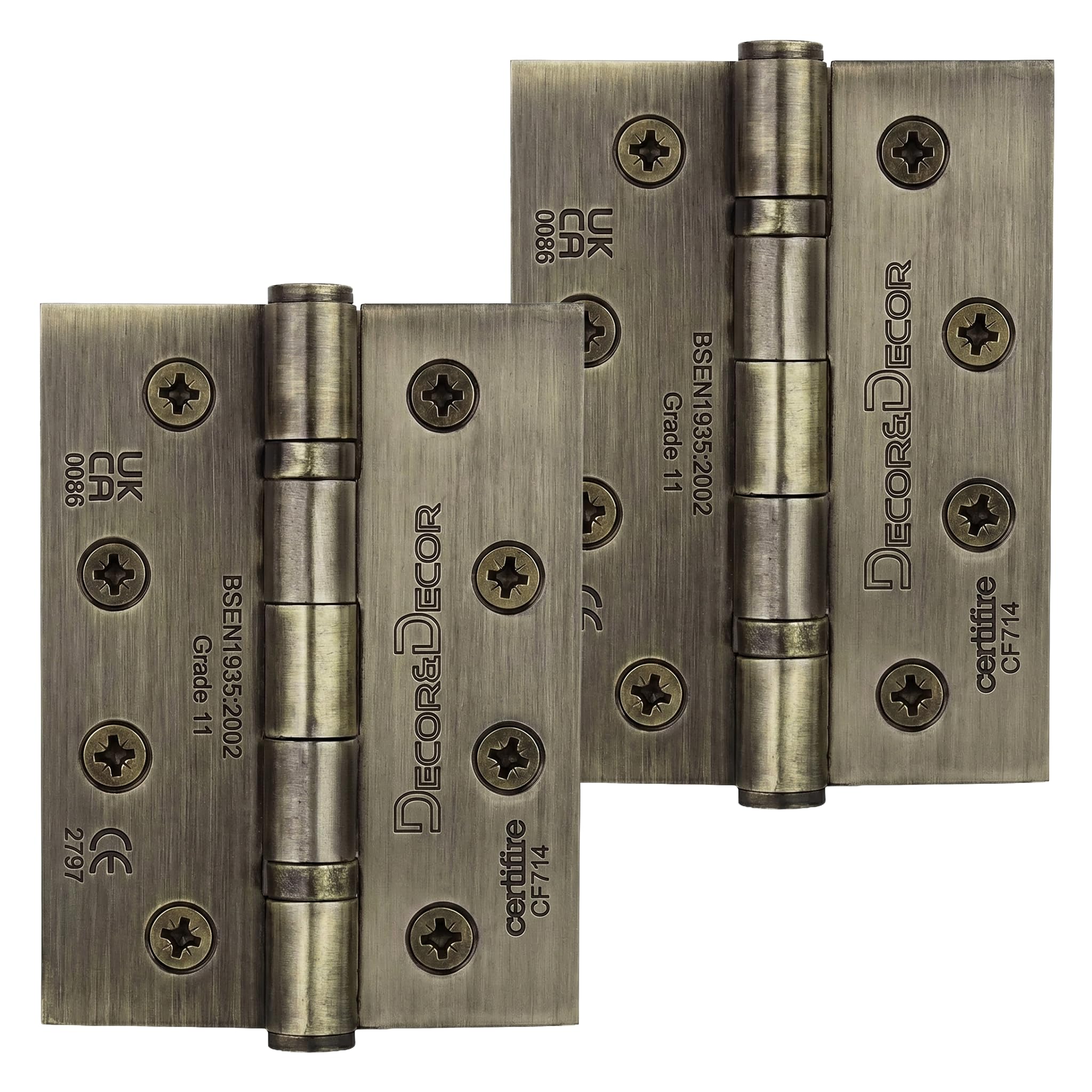 Decoranddecor Door Hinges Internal - Fire Rated - 4inc / 102mm - Ball Bearing - Steel - Antique Brass - 1 Pair