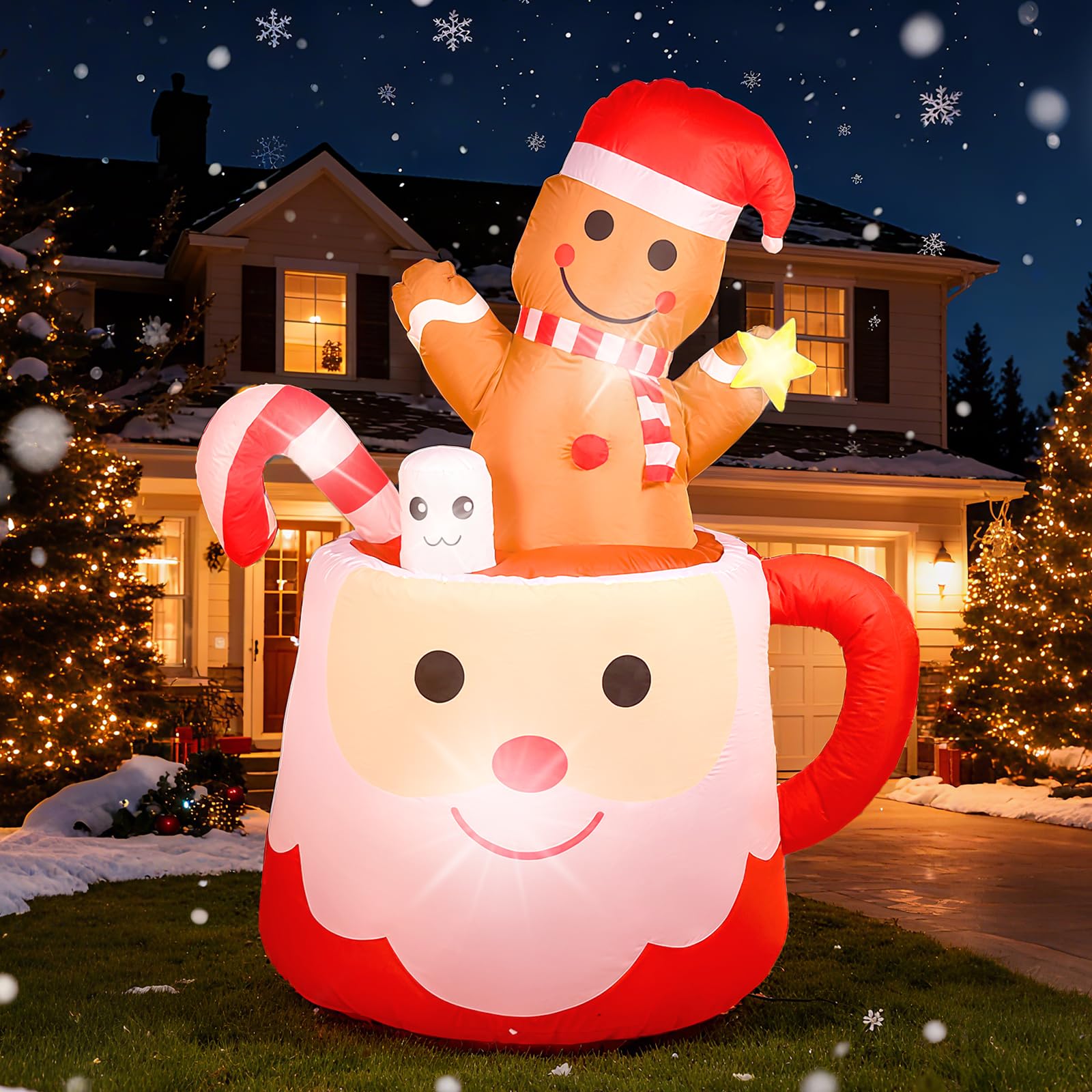 Pain d'épices gonflable de Noël extérieur : grand automate lumineux LED pour pelouse et jardin