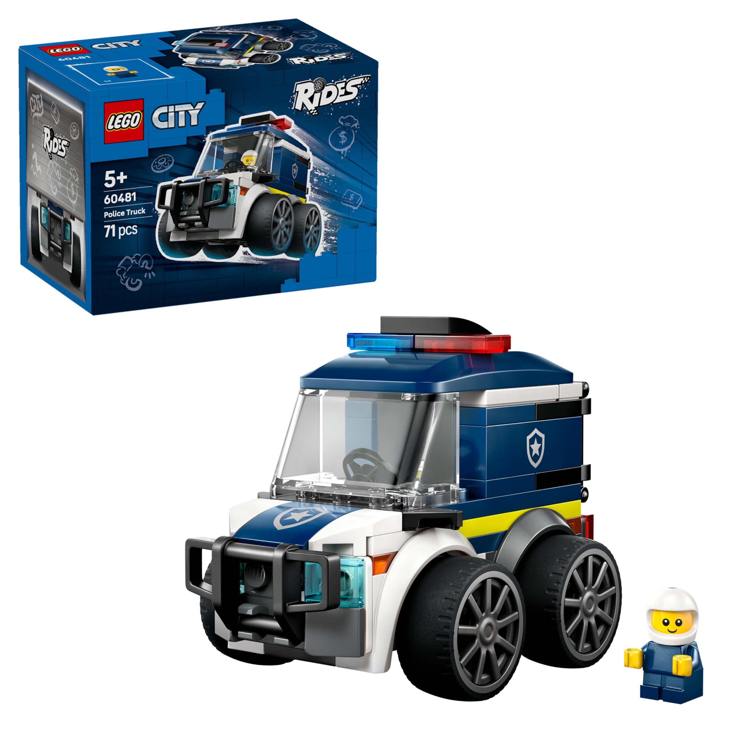 LEGO City Rides - Police Truck Toy - Emergency Vehicles Building Set w/a Police Officer Junior Minifigure - Party Bag Fillers - Small Collectible Gift for 5+ Year Old Boys - 60481