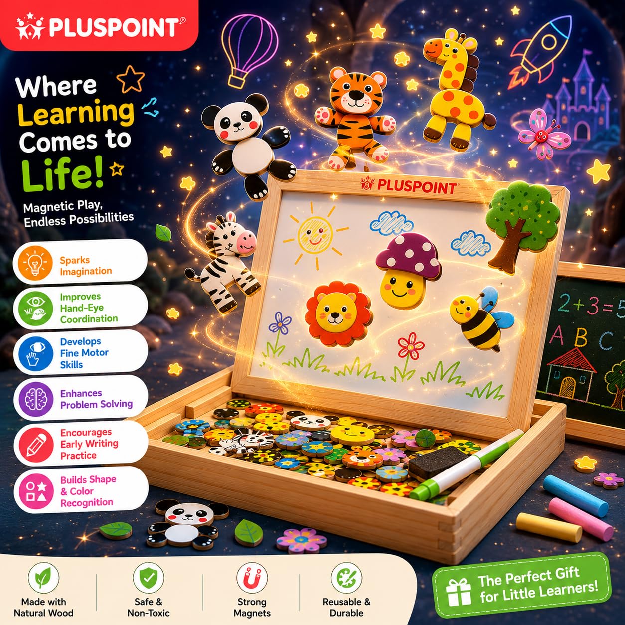 PLUSPOINT Wooden Magnetic Multifunctional Double Sided Chalkboard Dry Erase Board with Chalk, Marker & Duster Educational Whiteboard Blackboard Drawing Toys Learning & Imagination Play for Kids