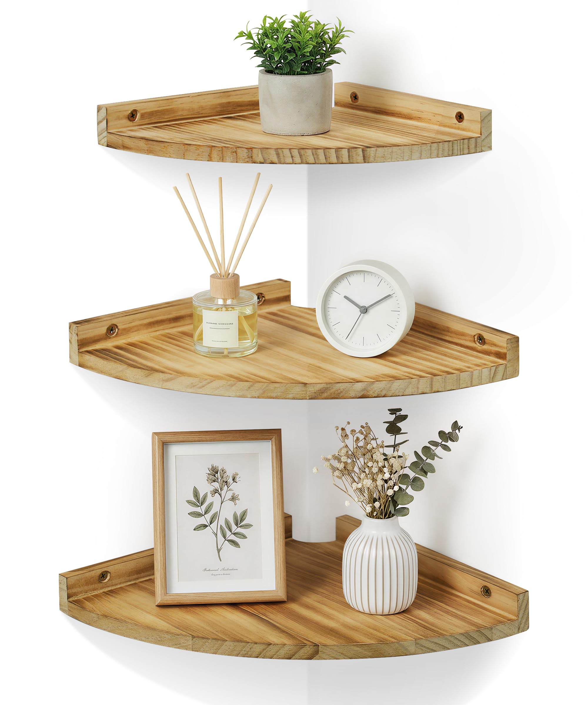 Étagères d’Angle Murales en Bois Style Vintage pour Salon Lot de 3 | Tablettes indépendantes suspendues, Passe-câble arrière,pour plantes, cadres et déco, salle de bain, cuisine, chambre